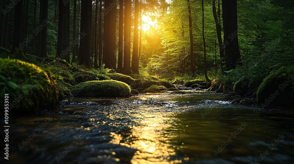 Aufkleber golden sunlight illuminating a pristine stream flowing through a lush forest