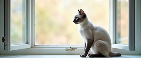 Elegant Siamese cat sits serenely by window. Soft pastel background blurs into serenity theme. Cat looks relaxed, peaceful. Window seat offers comfort. Daydreaming in cozy scene. Perfect image for