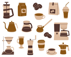 Coffee lover set. Collection of simple flat cliparts with coffee making items