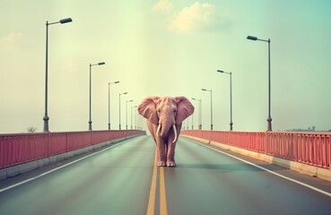 Pink elephant stands on highway bridge. Uncommon animal on urban road. Bridge extends to horizon. Calm atmosphere. Visual art concept image. Modern abstract animal photo. Creative idea photo. Pastel