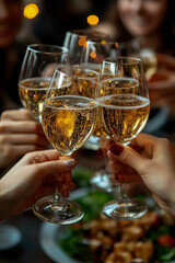 Obraz premium Friends are raising glasses filled with sparkling drinks while celebrating at a restaurant, enjoying delightful food and joyful conversations