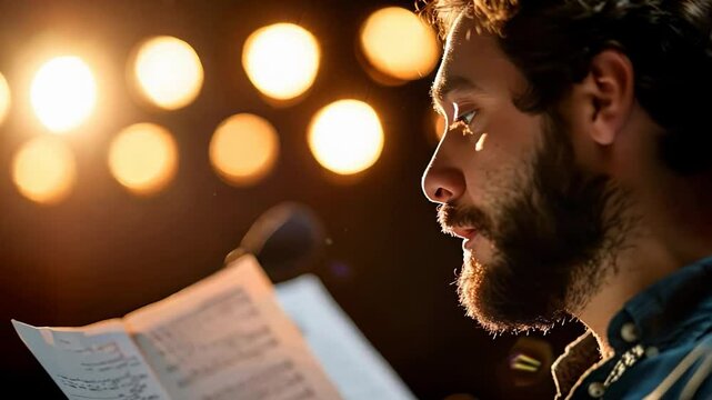 A young Caucasian man reads poetry on stage under warm spotlighting, evoking creativity and self-expression