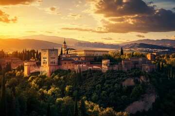 Obraz premium Sunset illuminates Alhambra Palace, nestled in green hills.