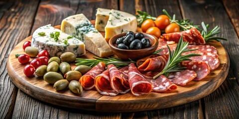 Antipasti Delight: Prosciutto, Chorizo, Blue Cheese, and Olives on Rustic Wooden Board for Gourmet Food Photography