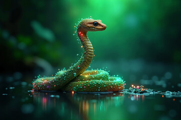 Green tree snake symbol of 2025 in the jungle near the water