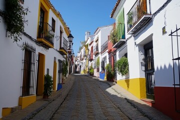 Fototapeta premium Cobblestone street, colorful buildings, sunny day.