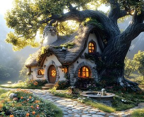 Fototapeta premium Whimsical rabbit cottage under oak tree with thatched roof and fairy tale garden