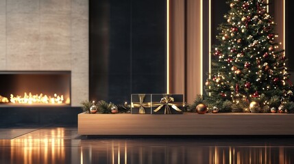 Festive Christmas Gifts Beside a Decorated Tree and Fireplace