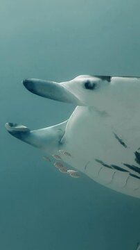 Remoras and pilot fish swim below oceanic manta ray on vertical video.
