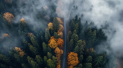 Fototapeta premium Winding road cutting through misty autumn forest