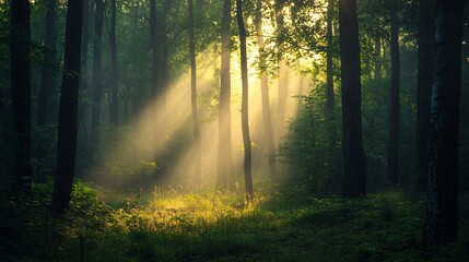Fototapeta premium Morning sunlight shining through foggy forest trees