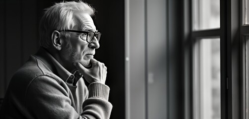 Elderly man contemplates by window. Serious mood. Thoughtful expression. Quiet moment of introspection. Looking thoughtfully outside. Mature man, reflecting on life experiences. Solitude,