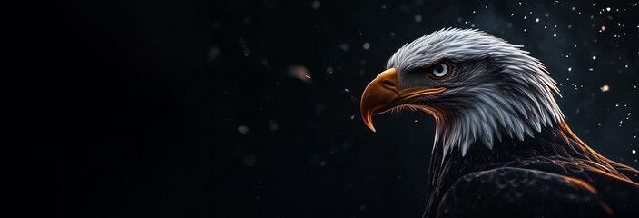 Fototapeta premium Majestic American Bald Eagle Amidst Dramatic Dark Backdrop Banner
