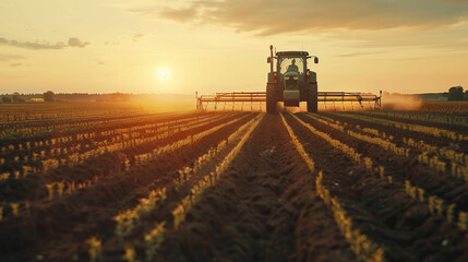 Fototapeta premium Golden sunset illuminates a tractor cultivating rows of crops across a vast field during the evening hours