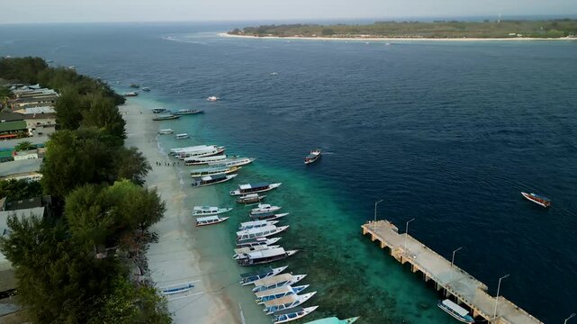 Aerial view of beautiful Gilli Trawangan with turquoise water and serene beach, Bali, Indonesia.