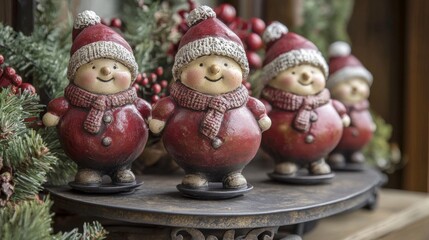 Fototapeta premium Three Festive Red Snowman Ornaments Displayed Decoratively