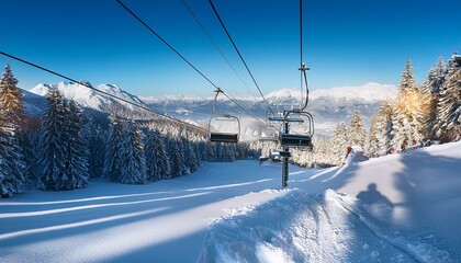 winter landscape in the mountains with snow and ski lift on a cold sunny day