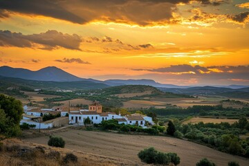 Fototapeta premium Sunset over rural village, golden sky, hills.
