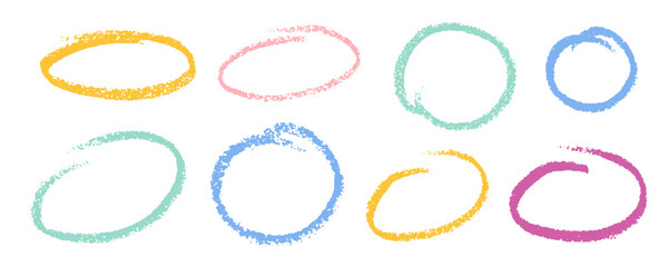 Crayon Circular Shapes Vector Set. Chalk Scribble Round Highlight Collection. Colorful Hand Drawn Brush Texture Dialogue Oval Frames. Pencil Emphasis Elements Charcoal Doodle Talk Balloons Bundle