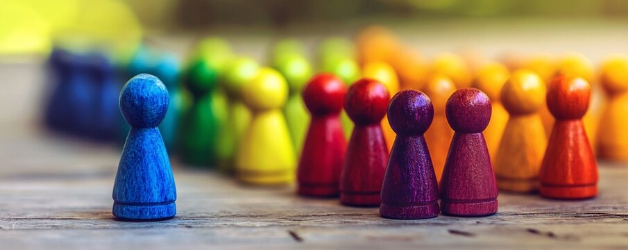 Blue halma cone standing out from the colorful crowd on wooden surface