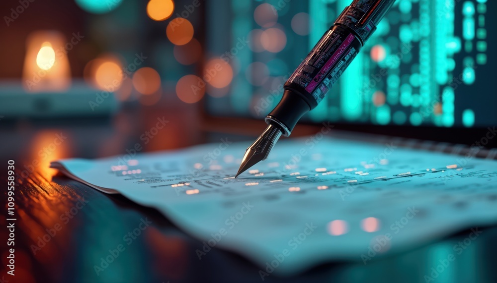 Poster futuristic pen writes on digital interface. illuminated data streams glow. modern tech concept. inno