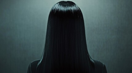 Woman with long black hair showing back to camera in atmospheric setting