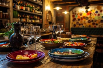 Mediterranean restaurant, colorful dishes, delicious food.