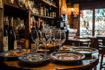 Fototapeta premium Tapas, wine, glasses, rustic bar setting.