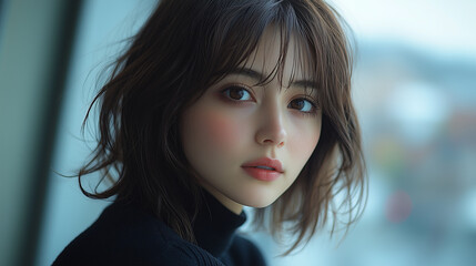 Fototapeta premium 美女, 女性, 美しい, 顔, モデル, 日本, 韓国, 中国, アジア, カフェ, ファッション