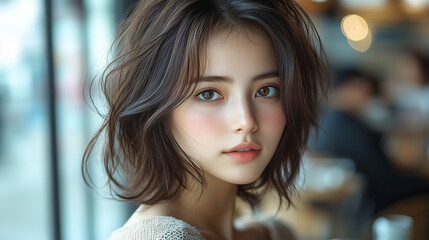 Fototapeta premium 美女, 女性, 美しい, 顔, モデル, 日本, 韓国, 中国, アジア, カフェ, ファッション