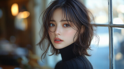 Obraz premium 美女, 女性, 美しい, 顔, モデル, 日本, 韓国, 中国, アジア, カフェ, ファッション