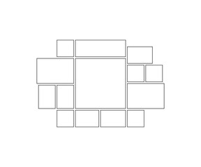 Frame collage from square and rectangle shape for photo, image template line set. Mood board layout, background. Gallery grid, mosaic puzzle border. Vector outline illustration