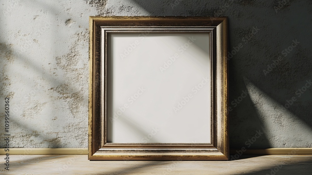Aufkleber Golden frame leaning on concrete wall with sunlight creating shadows