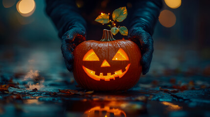 Naklejka premium Hands hold a brightly lit jack-o'-lantern with a cheerful expression surrounded by fallen leaves on a spooky Halloween evening