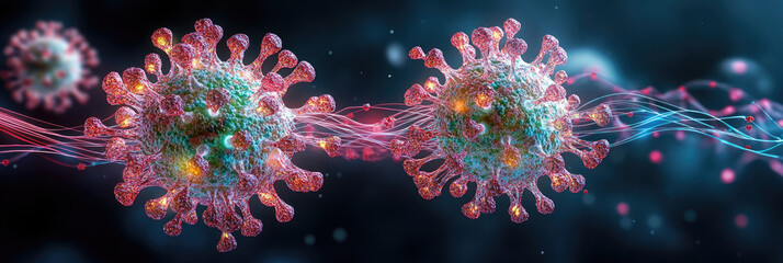 Colorful digital visualization of virus particles demonstrating unique surface structures and connections in a detailed scientific illustration