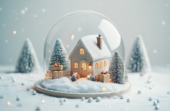 Snow globe with pine trees and house inside on white background, Christmas decoration concept