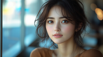 Fototapeta premium 美女, 女性, 美しい, 顔, モデル, 日本, 韓国, 中国, アジア, カフェ, ファッション