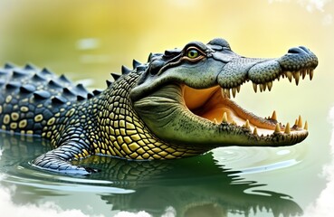 Obraz premium Dangerous crocodile in water. Detailed image of reptile scales, teeth. Predator in wild nature. Green illustration. Aggressive animal. Big jaw. Large teeth. Caiman. Water, nature, africa, reptile,