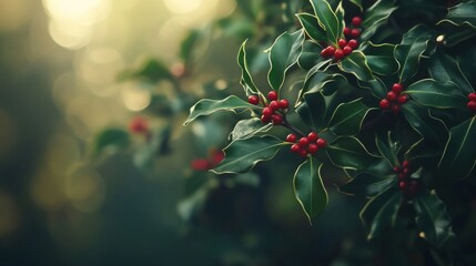 Obraz premium Lush Green Holly Leaves Adorned With Red Berries