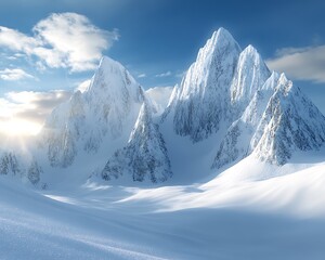 Naklejka premium Towering snowy peaks reflecting soft sunlight on a bright, frosty winter morning ,