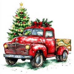 Christmas Watercolor red truck with Christmas tree and Christmas Lights isolated on a white background