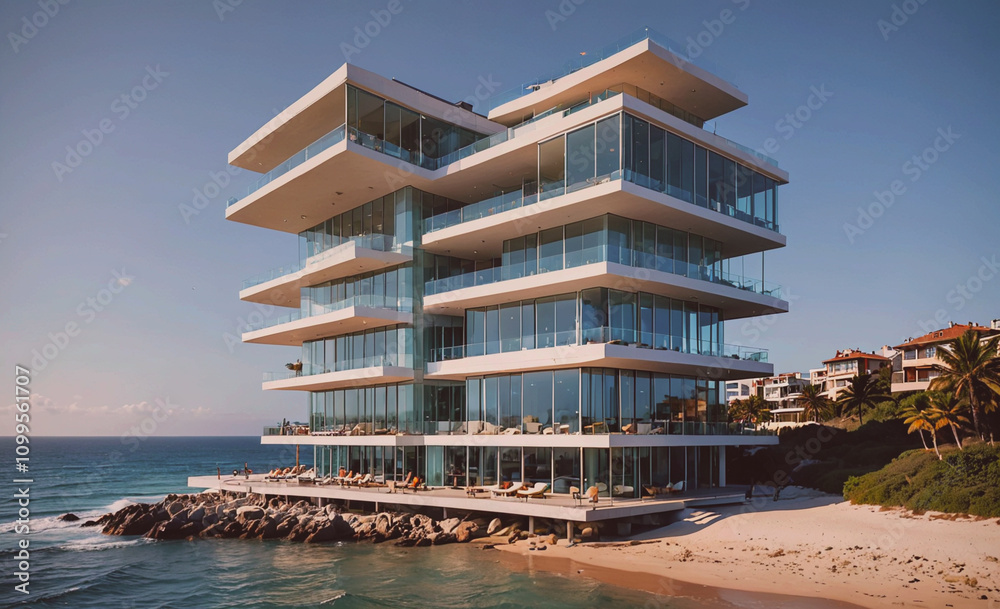 Poster large building with a lot of windows and a balcony. the building is on a beach. there are several pe