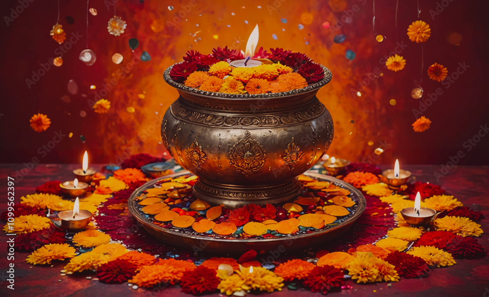 Poster vase with a lit candle in it is on a table. the table is covered with flowers and candles
