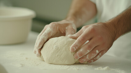 Fototapeta premium Hands Kneading Dough in Professional Baking Studio