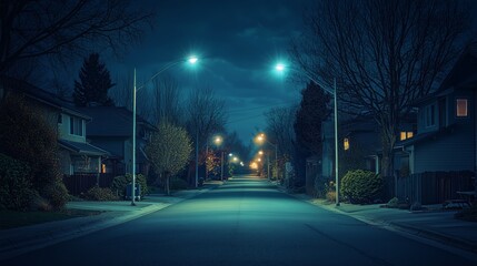 Quiet Night in Suburban Neighborhood with Streetlights Illuminating Path