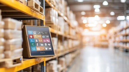 Warehouse with shelves of products, inventory management system visible on a screen