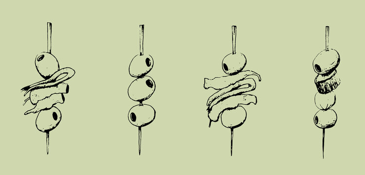 Ilustraci&oacute;n de un pincho vasco llamado 'gilda'. Aperitivo con olivas, anchoa, encurtidos y guindilla. T&iacute;pico espa&ntilde;ol para la hora del vermut 