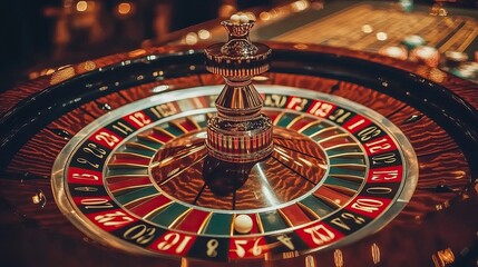 Naklejka premium A high-detail view of a blackjack table with stacks of chips, a deck of cards, and a whiskey glass beside it, all set in warm, inviting lighting