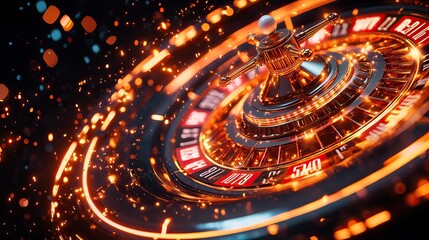 The roulette wheel spins gracefully in a luxurious casino, with the ball bouncing on a number amidst glimmering golden lights