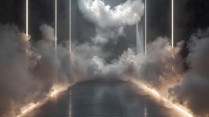 Obraz premium Futuristic Smoke Filled Corridor With Glowing Lights